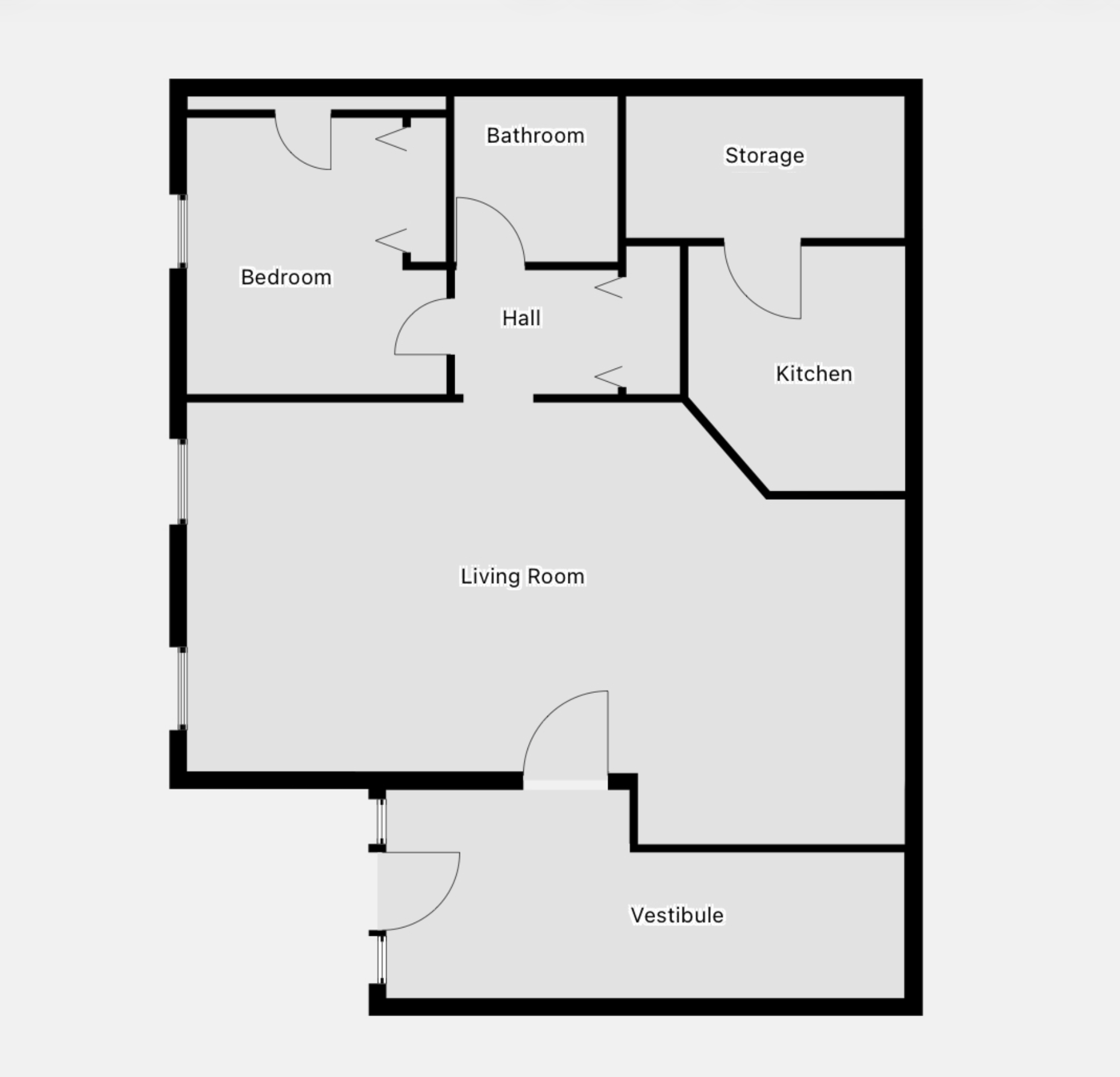 Digital floorplan showing living room, bedroom, kitchen, bathroom, hall, storage and vestibule