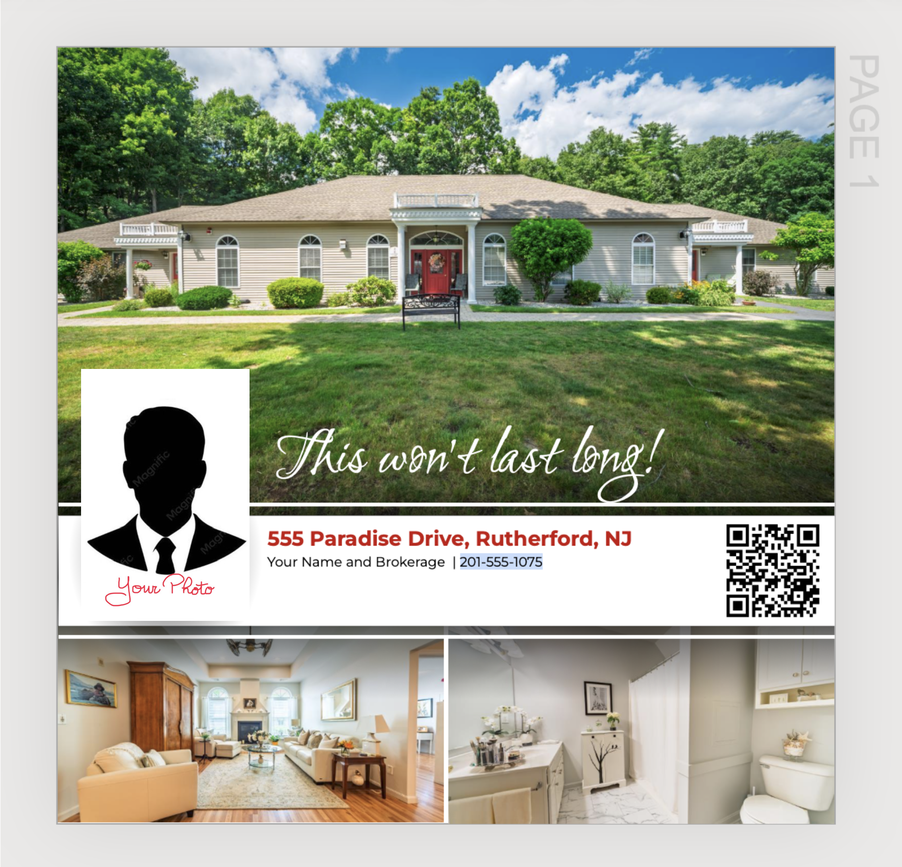 Branded property flyer template with agent photo, address and listing photos